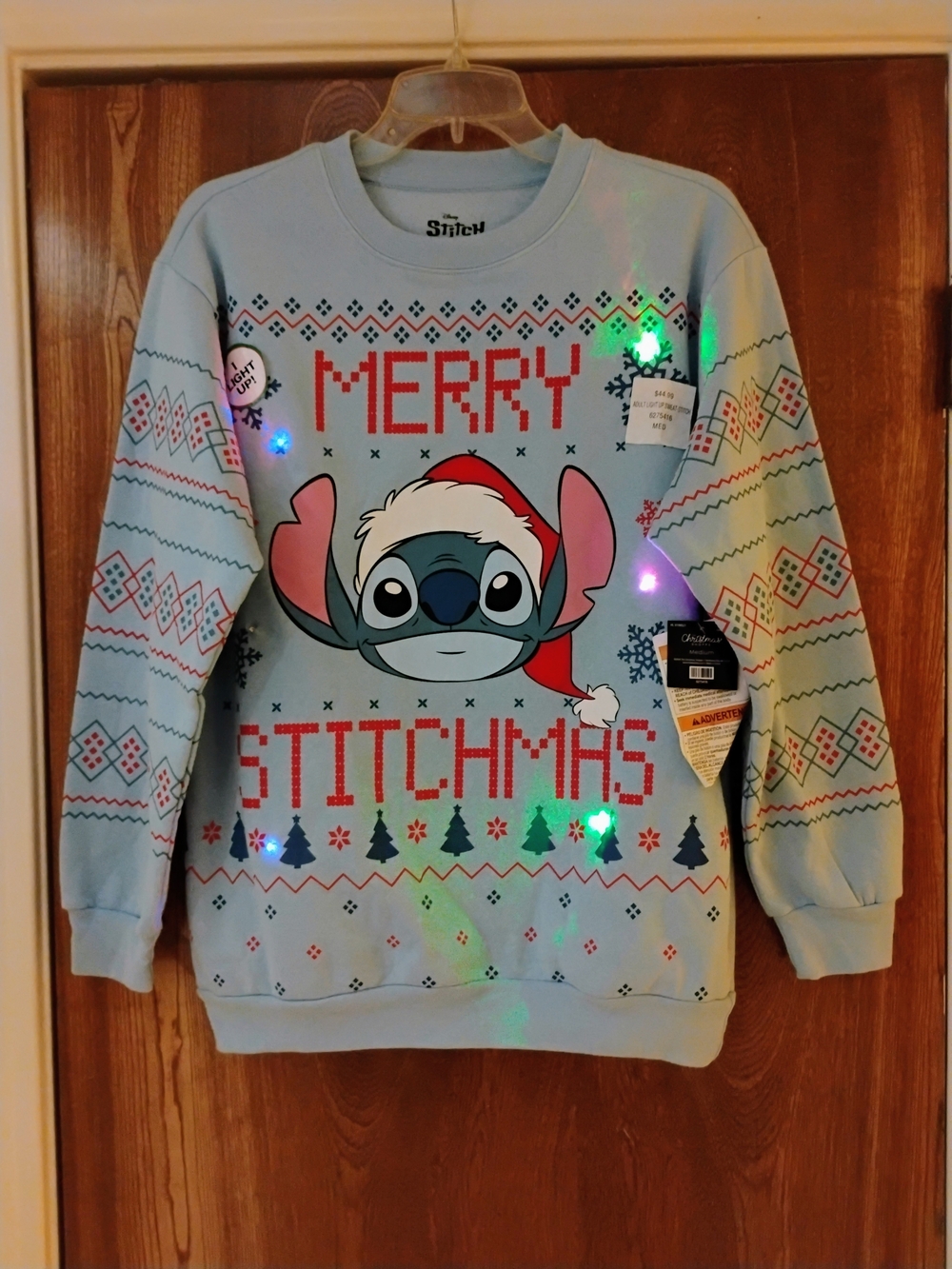Stitch Light-Up 'Merry Stitchmas' Gray Holiday Sweater. New With Tags. Size Med.